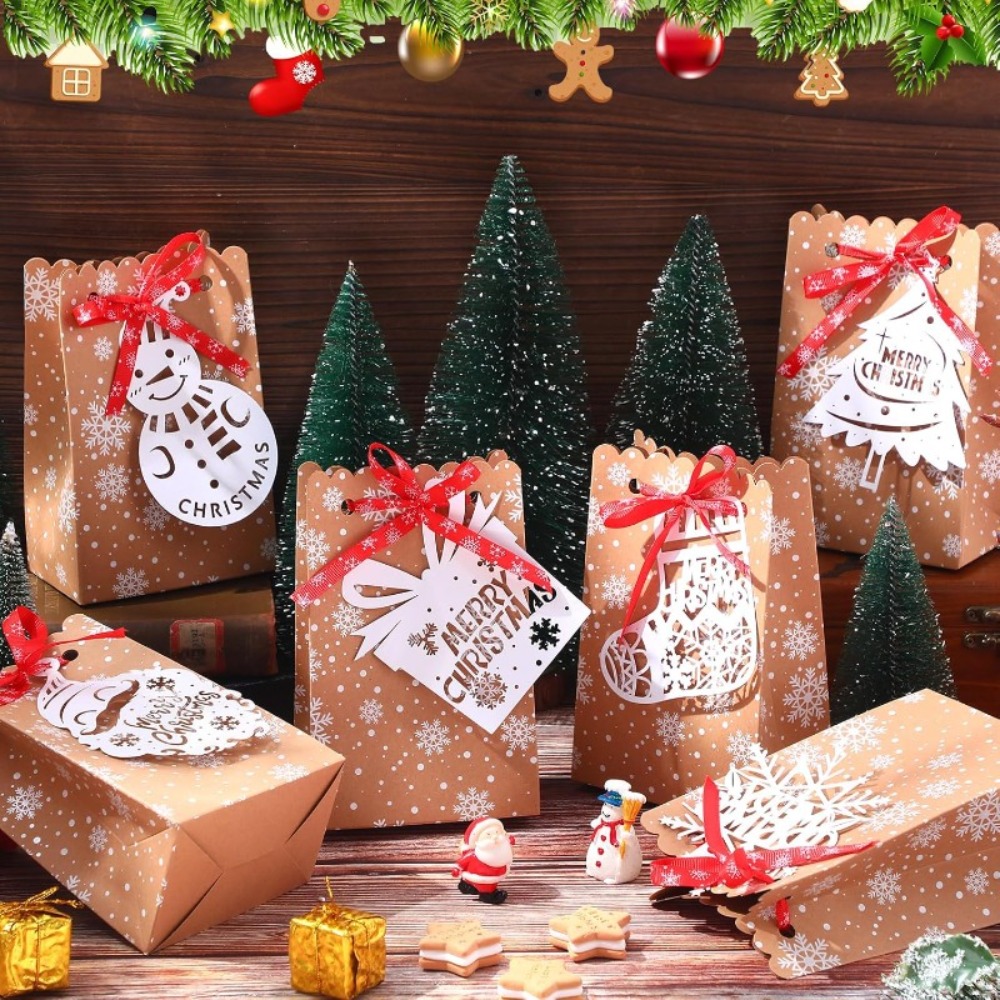 Packaging - 6/12 stuks kerst-sneeuwvlok-papieren cadeaudoosjes met kaarten